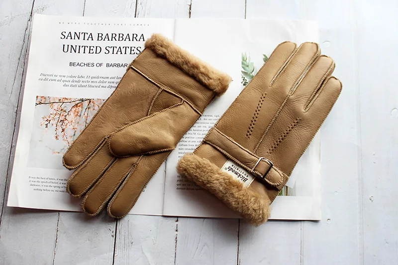 Sheepskin Fur Gloves Men Leather Thick Winter Warm Outdoor Wind and Cold Handmade Sewing Finger New Bickmods Brand