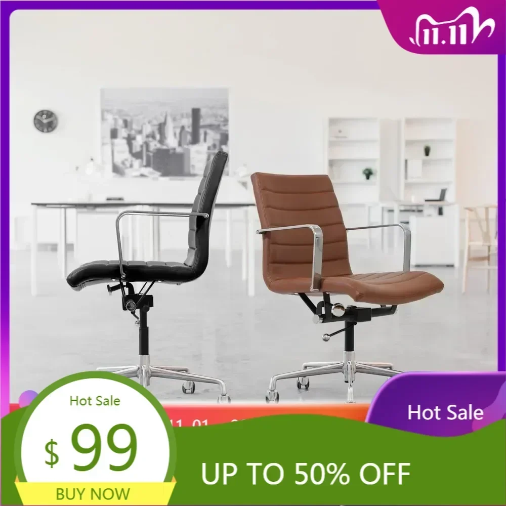 "ergonomic mid-back swivel office chair with ribbed design and faux leather upholstery"