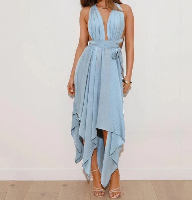 

Women's Party Dress Sexy Shoulder Straps Wear More Long Skirt 2024 Spring/summer Latest Scarf Collar High Waist Irregular Skirt