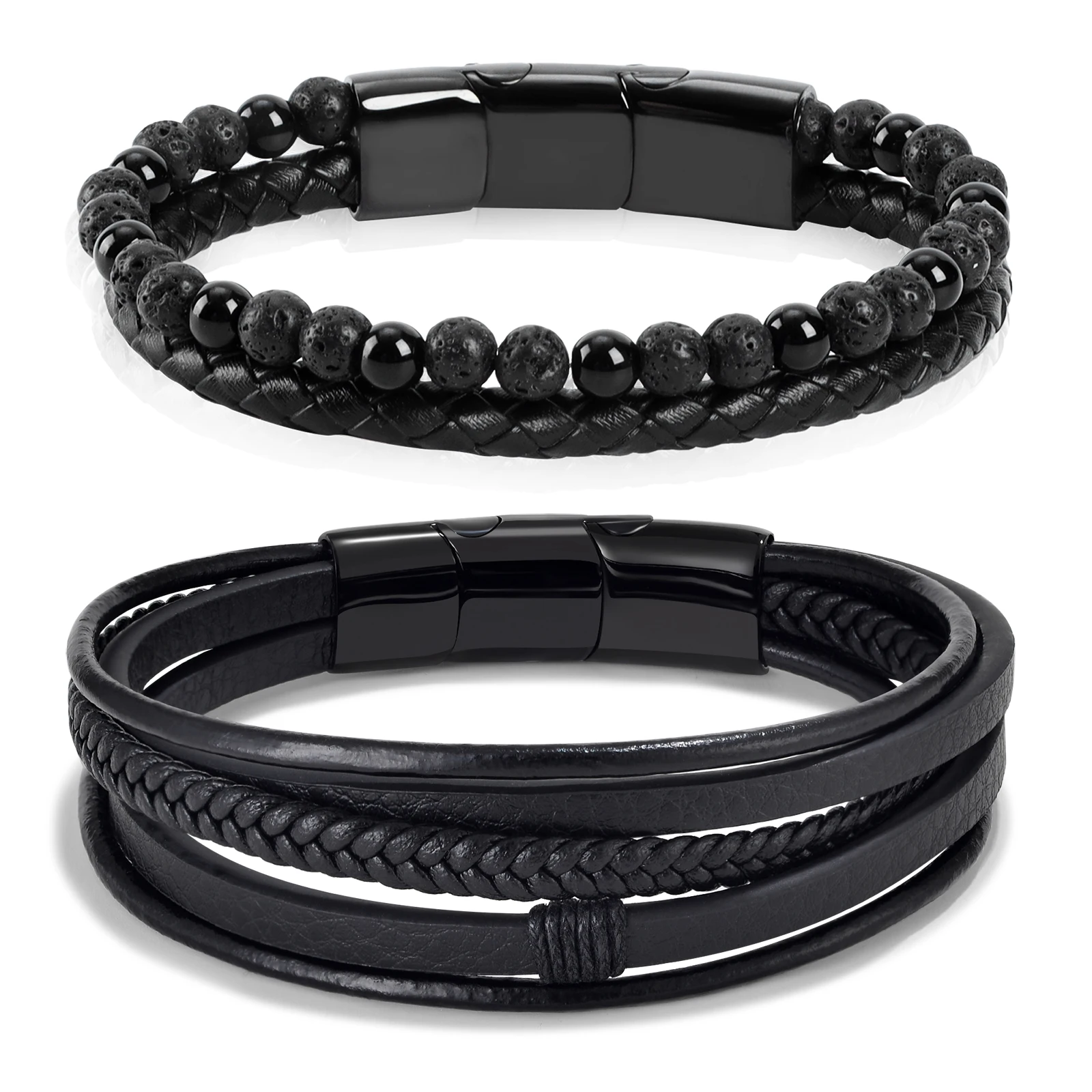 Mens Beads and cuff Bracelets Braided Leather bangles Bracelet with Stainless Steel Magnetic clasp for woman 2023 Gift
