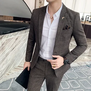 블레이저 및 바지 남성용 정장 비즈니스 격자 무늬 정장, 신랑 웨딩 드레스, 단색 무대 공연 턱시도 S-7XL, 하이엔드 브랜드