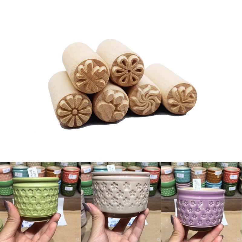 Wood Pottery Stamp Flower Leaf Pattern Emboss Seal Block Ceramic Pot Texture Cold Porcelain Polymer Clay Tools Sculpture Model