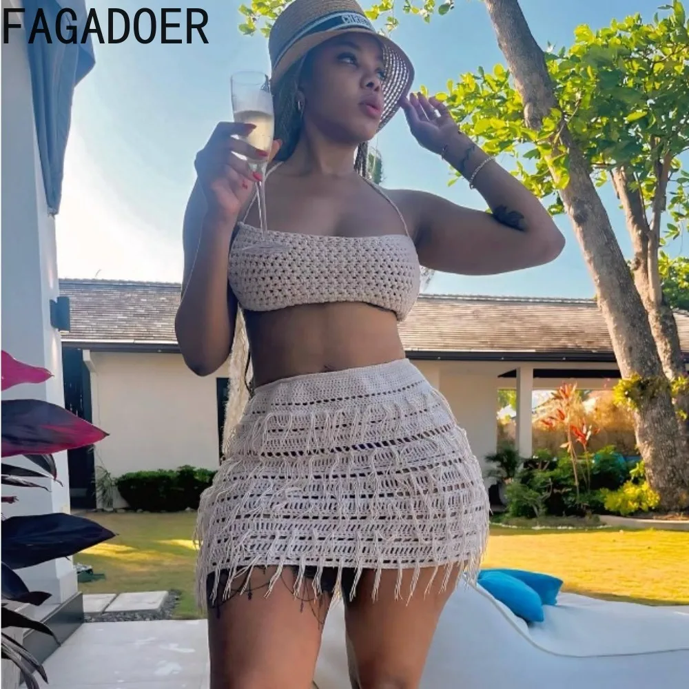 FAGADOER Summer New Knitting Hollow Beach Holiday Two Piece Set Women Thin Strap Sleeveless Vest And Tassels Mini Skirts Outfits