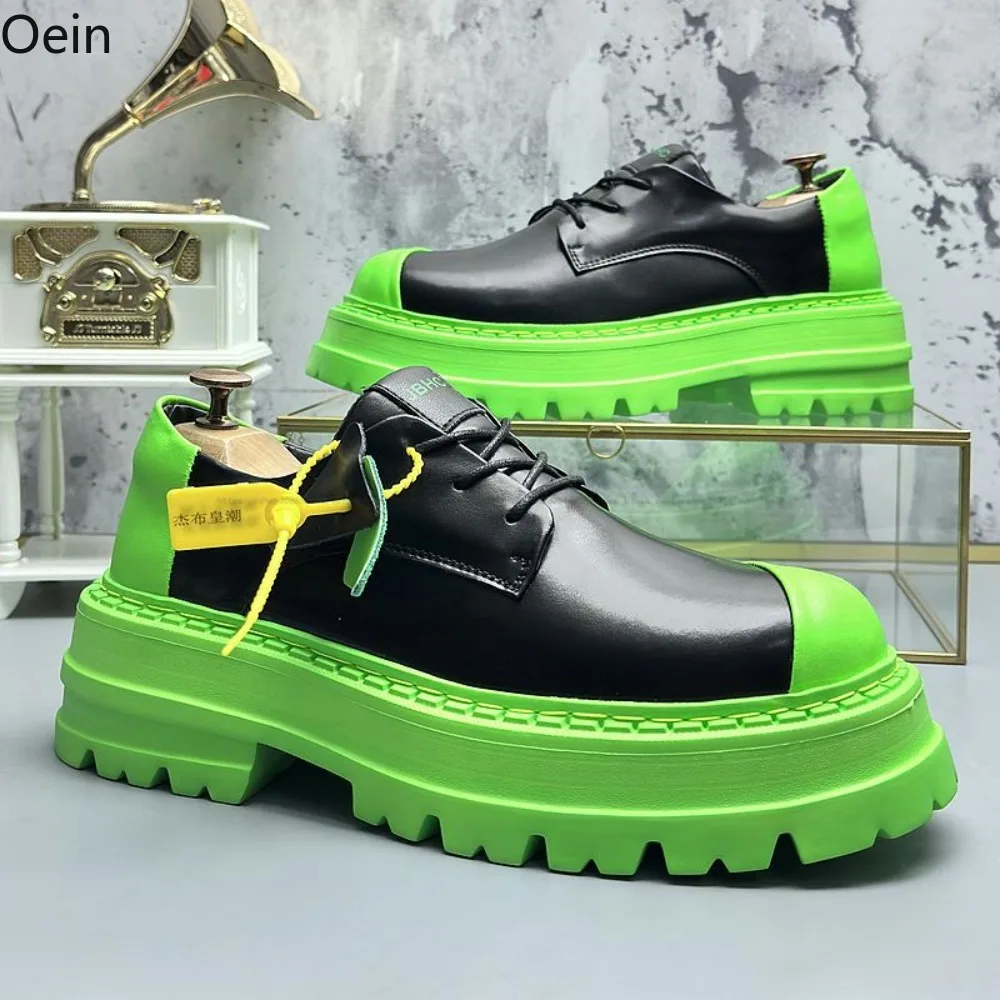 Mens Round Toe Genuine Leather Wingtips Platform Lace Up Chunky Heel Derby Shoes British Styles