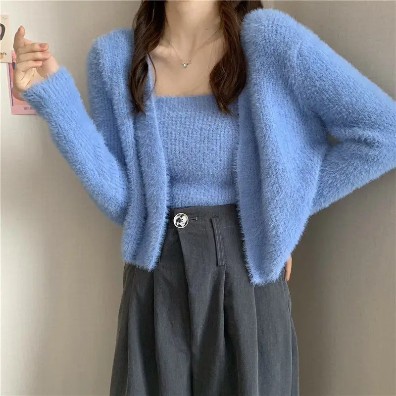 

Sweet 2piece Sets Sexy Waterproof Mink Pink Cropped Cardigan V Long Sleeve Sweater Mohair Coat Solid Vest Camisole Tops Slim