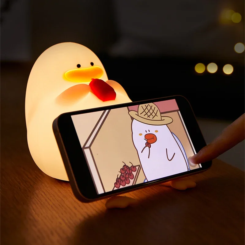 귀여운 오리 야간 조명, USB 충전식 LED 테이블 램프, 조도 조절식 보육 침실 장식, 부드러운 실리콘 생일 어린이 선물