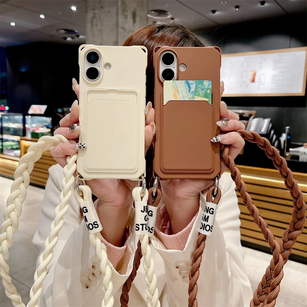 Braided Crossbody Strap Lanyard Phone Case with Wallet Card Holder and Silicone Cover