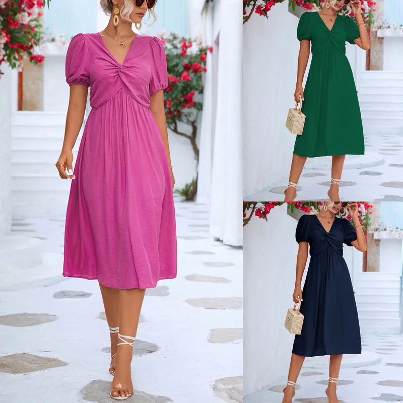 

Elegant Romantic Mid-Length Dress Solid Color Short Sleeve Twisted Knot
