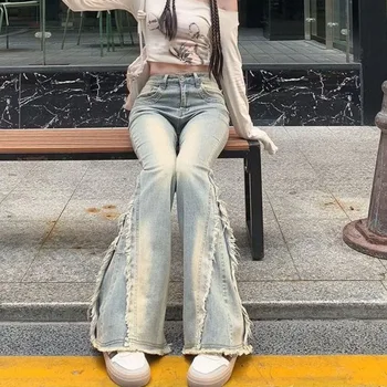 Jean bleu Vintage pour femmes, taille haute, rétro américain des années 90, matière première, Design de bord, pantalon en Denim Y2k, Streetwear, jambes larges
