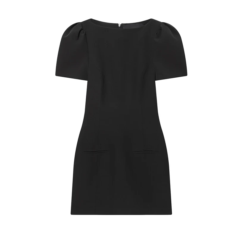 Sukienka damska z plisowanymi kieszeniami, okrągły dekolt, krótkie rękawy, podkreślona talia, jednolity kolor, elegancka, modna, nowa kolekcja.