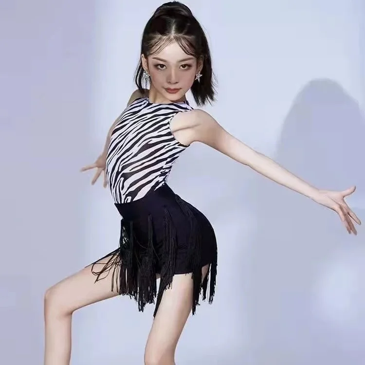 

2023 Children Latin Dance Dress For Girls zebra-stripe Tops Tassel Skirts Suit Chacha Samba Tango Practice Clothes Latin Wear