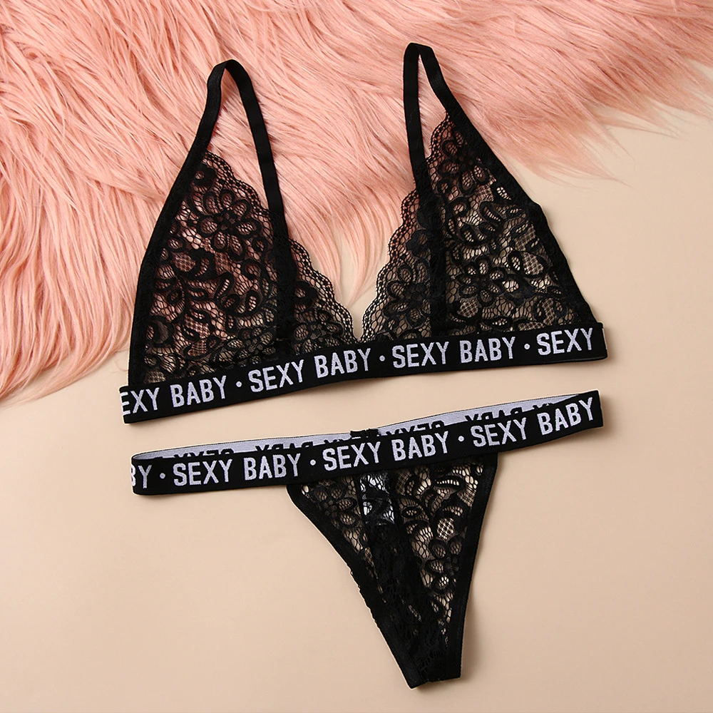 Intimate sensual Lingerie Woman Letter Printed Thongs Bikini Underwear Set Women Lace Hollow Out Brief Panties Push Up Bra Sets bra and underwear set