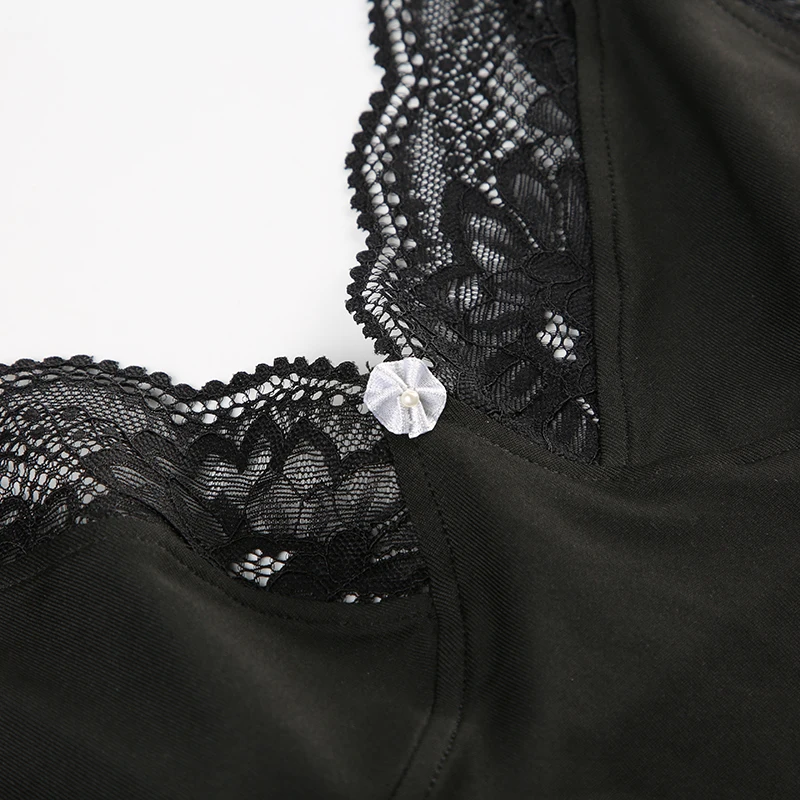 Black Backless Sleeveless V Neck Skinny Sexy Tank Bodysuit Women Lace Patchwork Elegant Rave Bodys Camisole