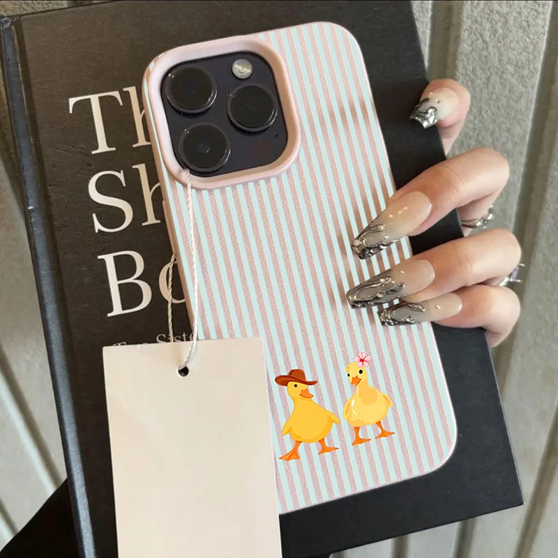 Striped Yellow Duck Pattern Lychee Texture Silicone Phone Case - Soft Cover