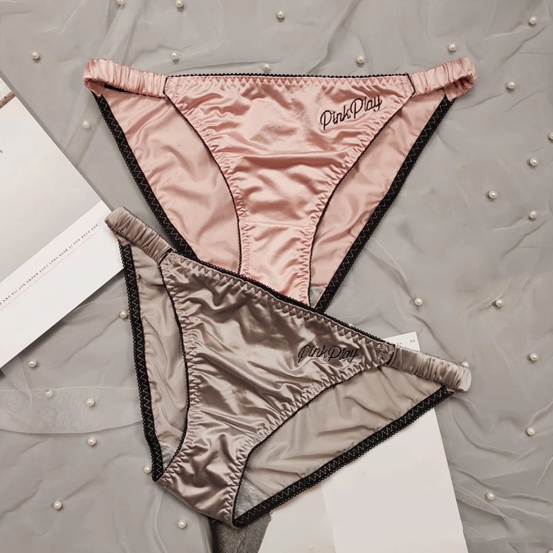 Fashion Sexy Girl Panties Glossy Embroidery Thong Women'S Seamless Underwear Low Waist Solid Satin Briefs Sports Underpants