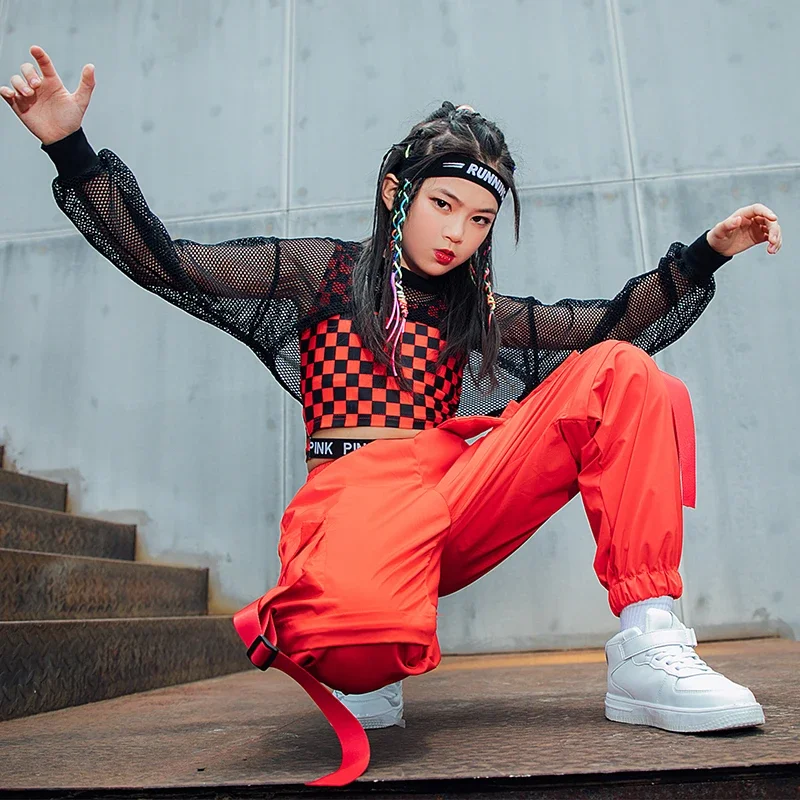 Red Lattice Vest Loose Cargo Pants Net Tops For Girls Clothes Jazz Show Stage Outfit Kids Hip Hop Street Dance Costume girl dance costume children costumes