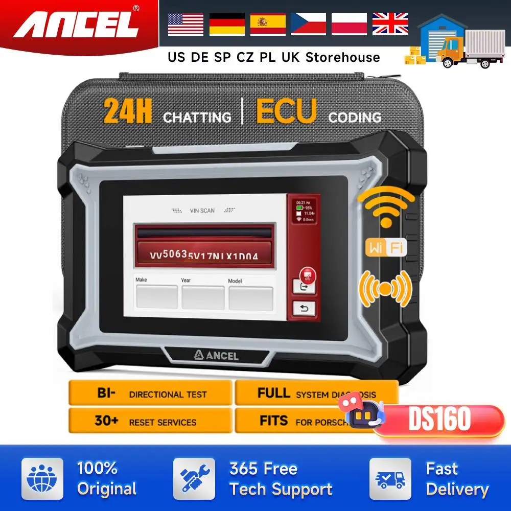 Skaner OBD2 do diagnostyki samochodów KIA Benz Porsche Ford z czytnikiem kodów, resetem DPF i ponad 30 funkcjami resetowania całego systemu, tester OBDII ANCEL DS160