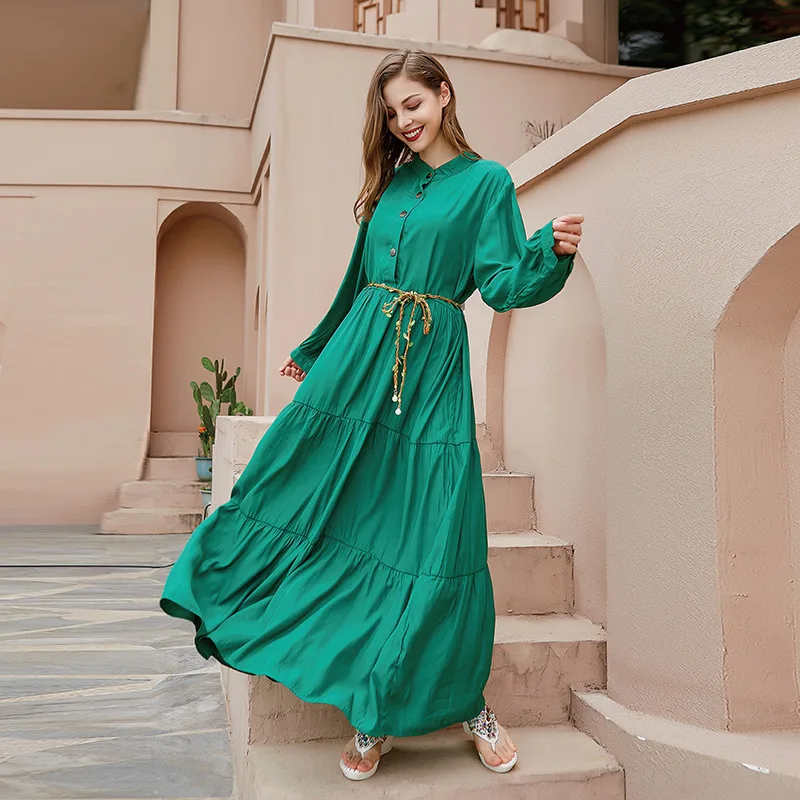 

Spring Hepburn style round neck large size 1XL-5XL fat mm dress loose pure green long sleeve large swing skirt