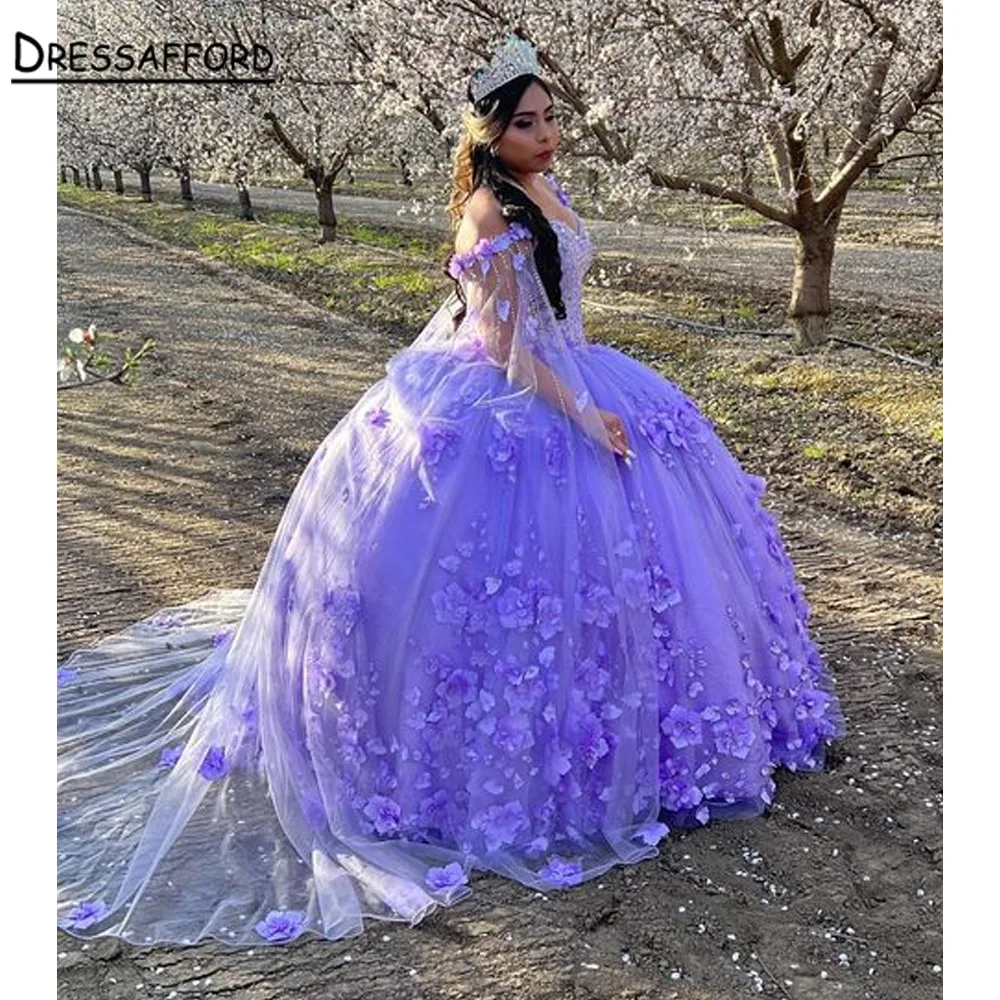 

Бальное платье, платья для Quinceanera с цветами ручной работы, открытыми плечами и накидками, официальное платье со шнуровкой сзади