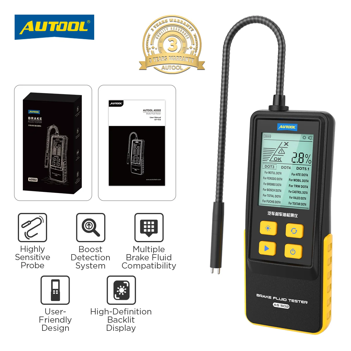 

AUTOOL AS502 Handheld Car Brake Fluid Tester Brake Oil Quality Test for Automotive DOT3/DOT4/DOT5.1/ENV4/ENV6 ATE/TRW/BOSCH/MOBI