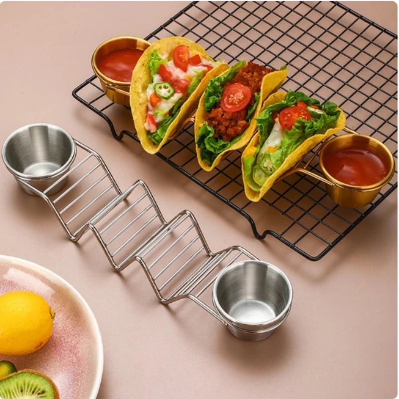 High quality Black Food display rack Pizza stands Stainless Steel Stand Mexico Taco Holder with 2 pcs Sauce Cup &1 dessert spoon