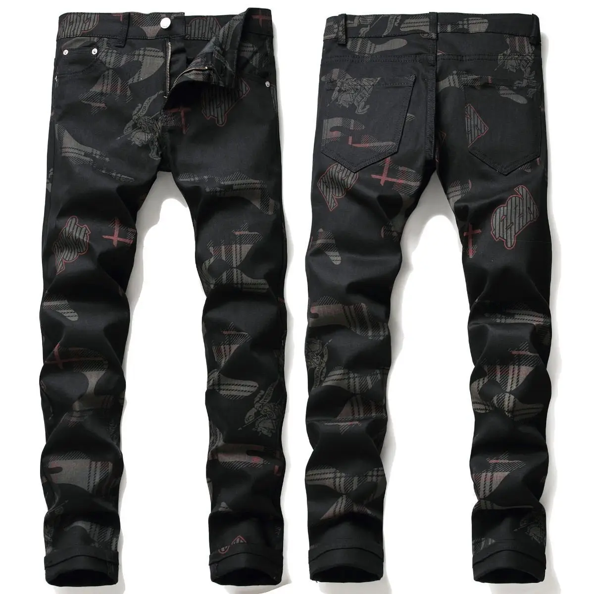 

Men's Fashion Cotton Trousers with Print Design Autumn 2023 High-End Brand Denim Black Stretch Stylish Casual Streetwear Jeans