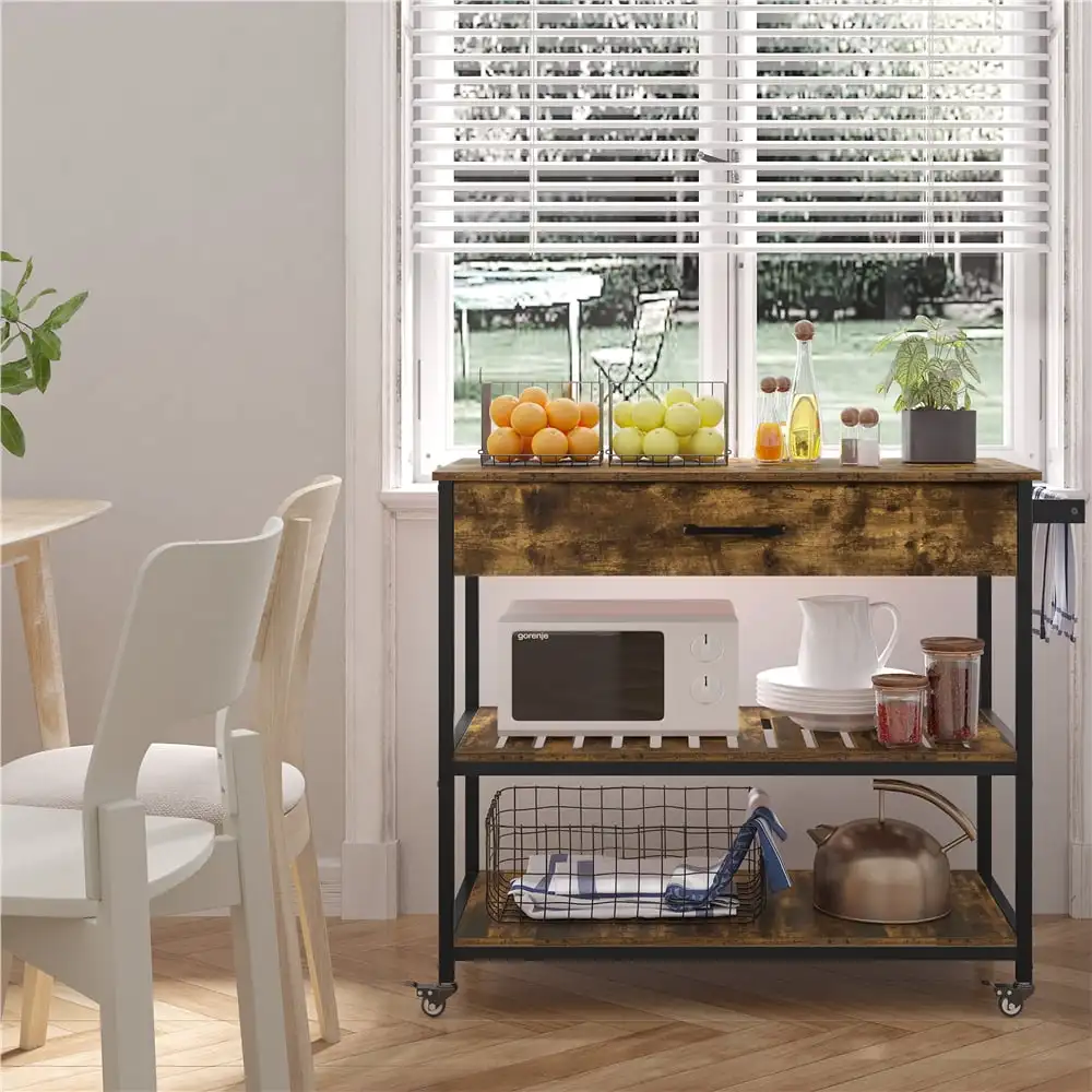 

Easyfashion 3-Tier 40in Rolling Kitchen Island with Storage, Rustic Brown