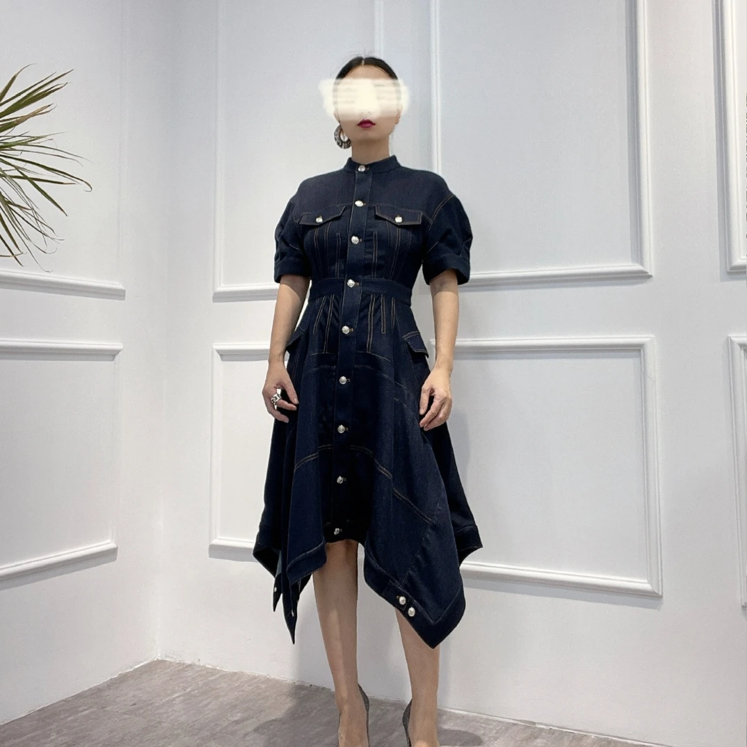 2022 New High Quality Summer Asymmetric Hem Front Pockets Vintage Dark Blue Denim Cotton Midi Dresses for Women