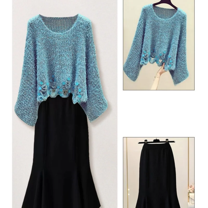 Spring Autumn Fashion Outfits 2023 Women's New Loose Hollow Show Thin Knitted Sweater Fish Tail Half Skirt Two Piece Set