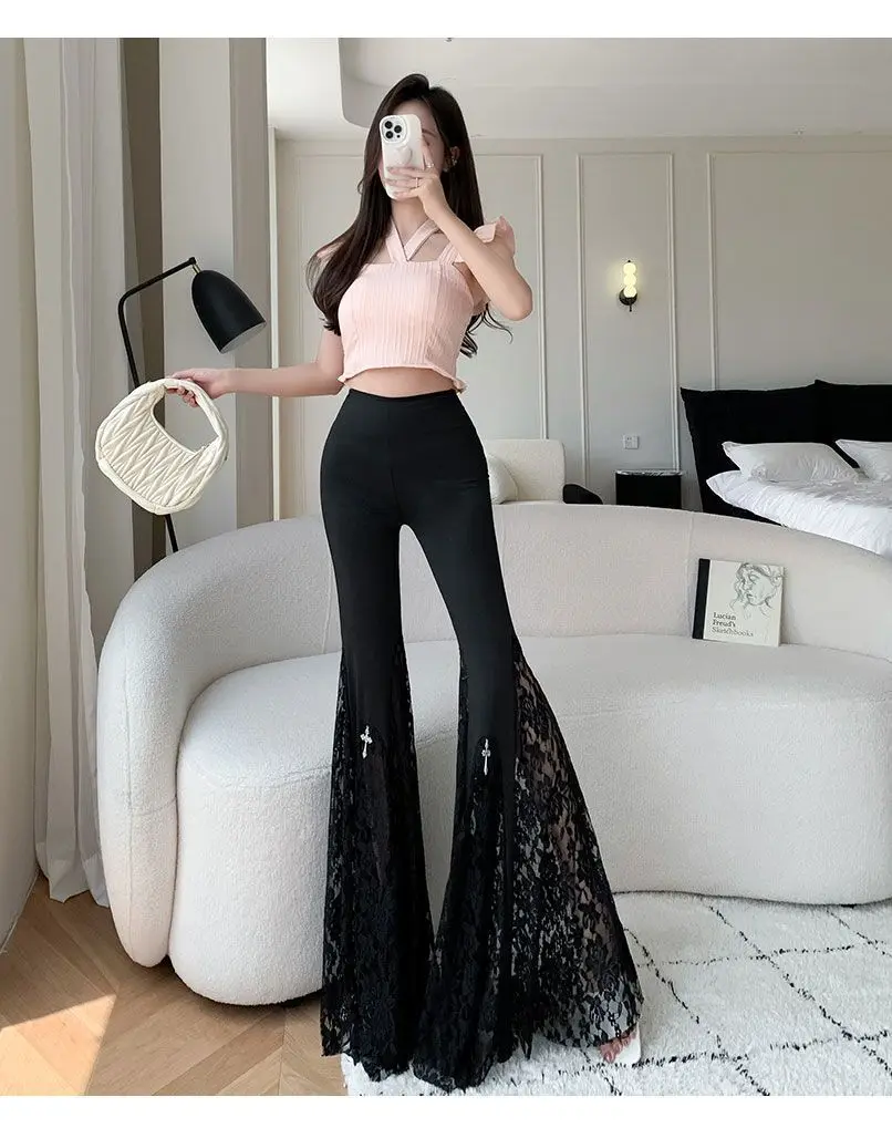 Y2K Gothic Black Lace Mesh Flared Pants Sexy Harajuku Aesthetic See Through Long Trousers Vintage Women Summer Pants Streetwear