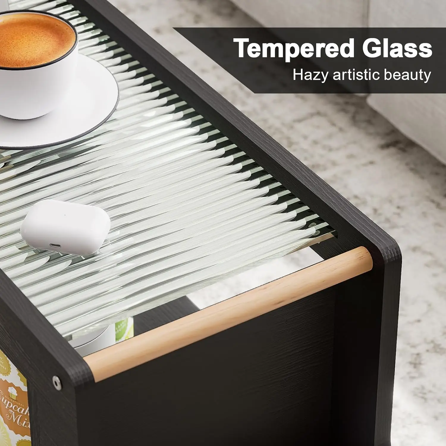 Narrow Side Table with Wheels for Small Spaces, Slim End Table with Magazine Rack & Storage Space, Thin Nightstand