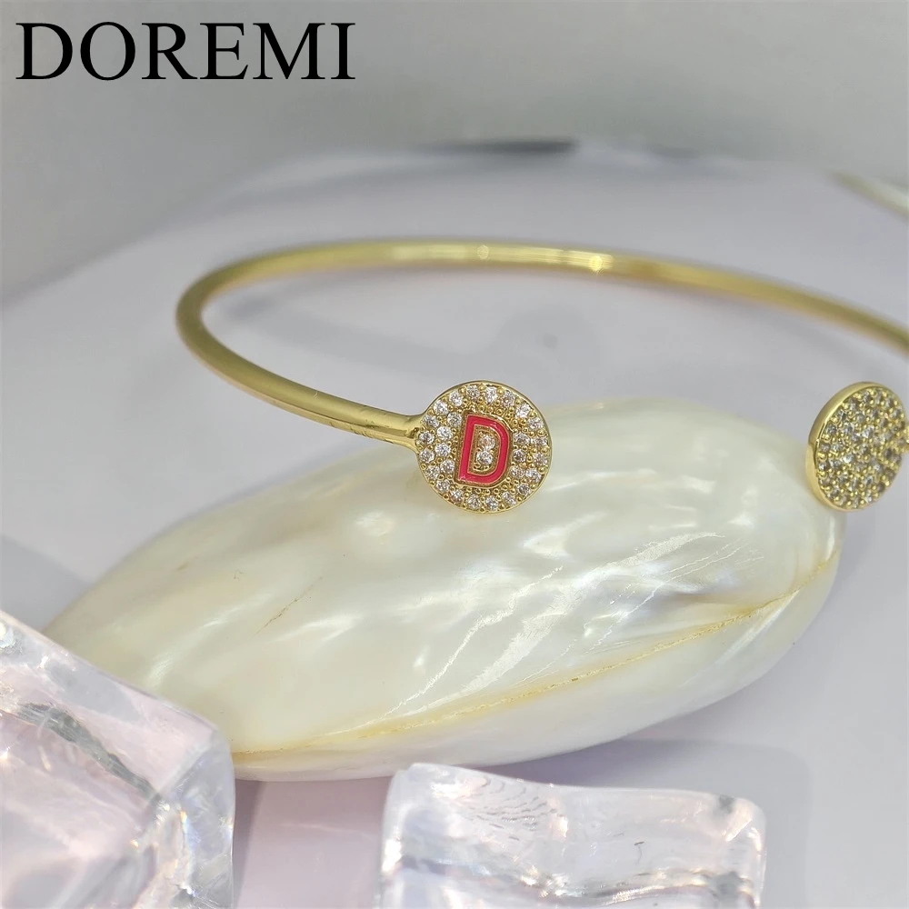 DOREMI Initial Letter Cuff Open Bangle Cubic Zirconia Alphabet Letters Round Shape Enamel Colorful Letters Initial Girls Bangle