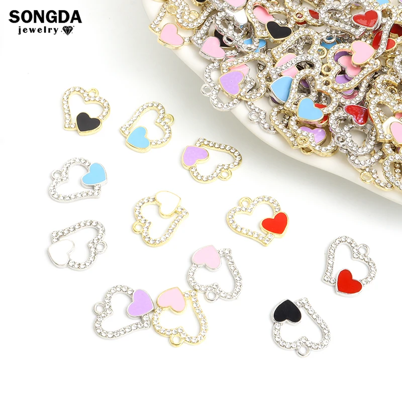 

10pcs Gold Silver Color Crystals Enamel Hearts Charms DIY Earrings Necklaces Pendants for Cute Jewelry Making Findings Wholesale
