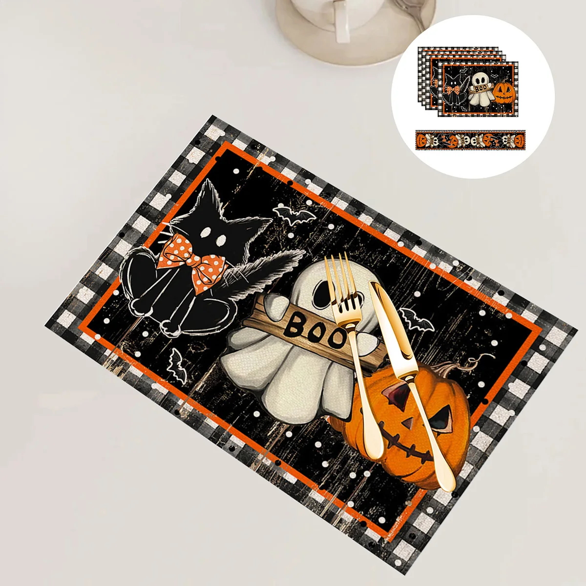 Spooky Halloween Haunted House Tablecloth Set with Witch Broom Skeleton Bat Placemats for Gothic Home Decor Party Supply