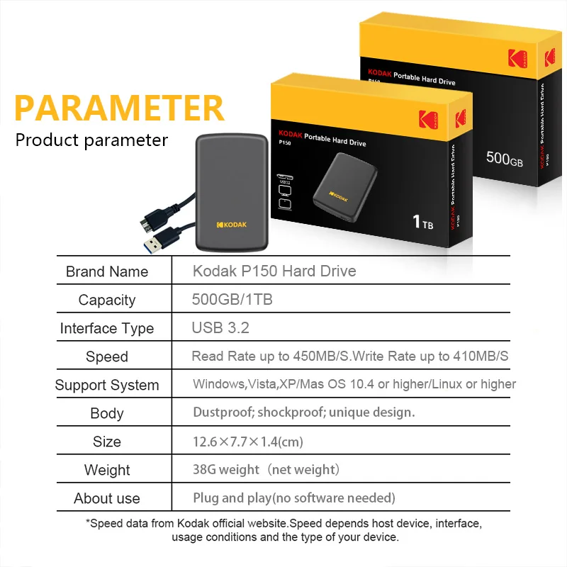 코닥 P150 2.5인치 휴대용 외장 하드 드라이브 - 고속 저장 1TB/500GB 최대 읽기 속도 450mb/s 노트북 데스크탑 PS4 PS5용