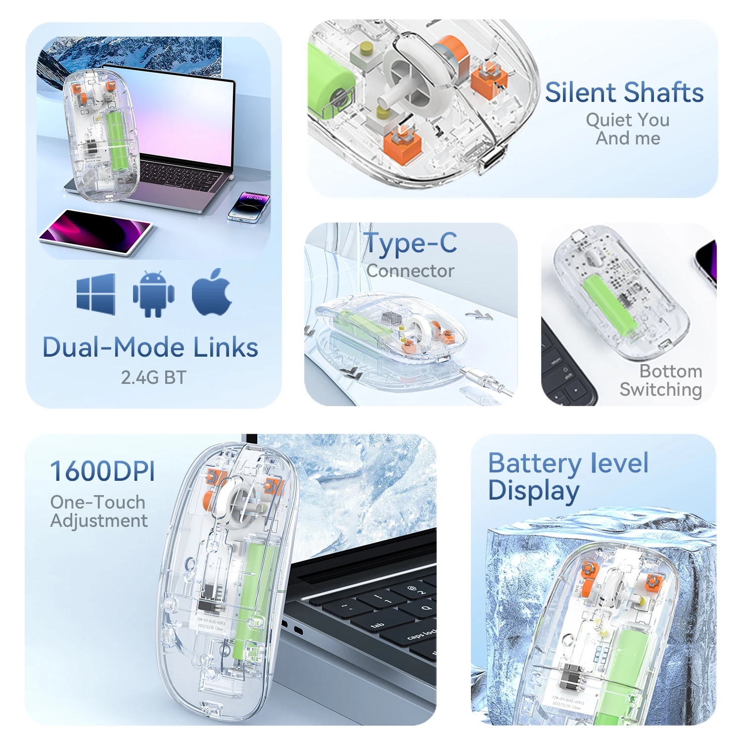 ITLY M9 Charging Transparent Wireless Third Mock Mouse Mute Office Game 2.4G Usb Bluetooth IPad Tablet Portable Mouse
