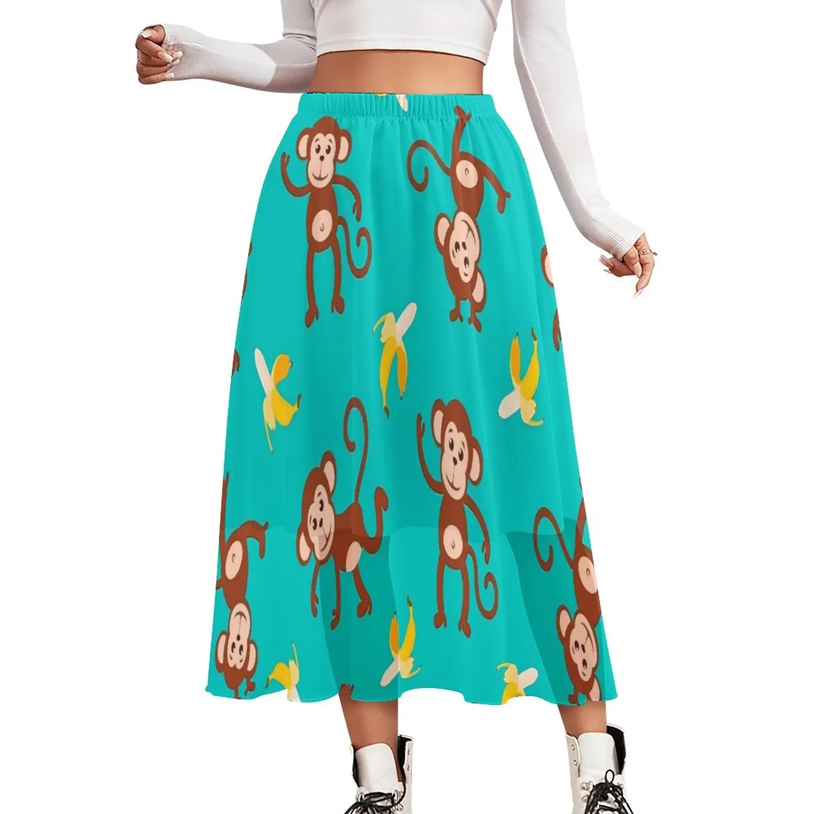 

Funny Monkey Banana Skirt Cute Animal Vintage Long Skirts Summer Street Style High Waist Chiffon Graphic Oversized A-line Skirt