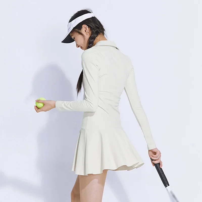 Women Warm Fleece Tennis Dress Ladies Full Sleeve Sport Dress Women V-neck Running Fitness Short Skirt Badminton Yoga Skort