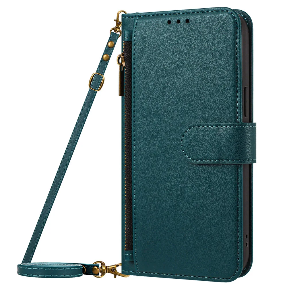 Leather Wallet Crossbody Phone Case with Lanyard Strap and Zipper