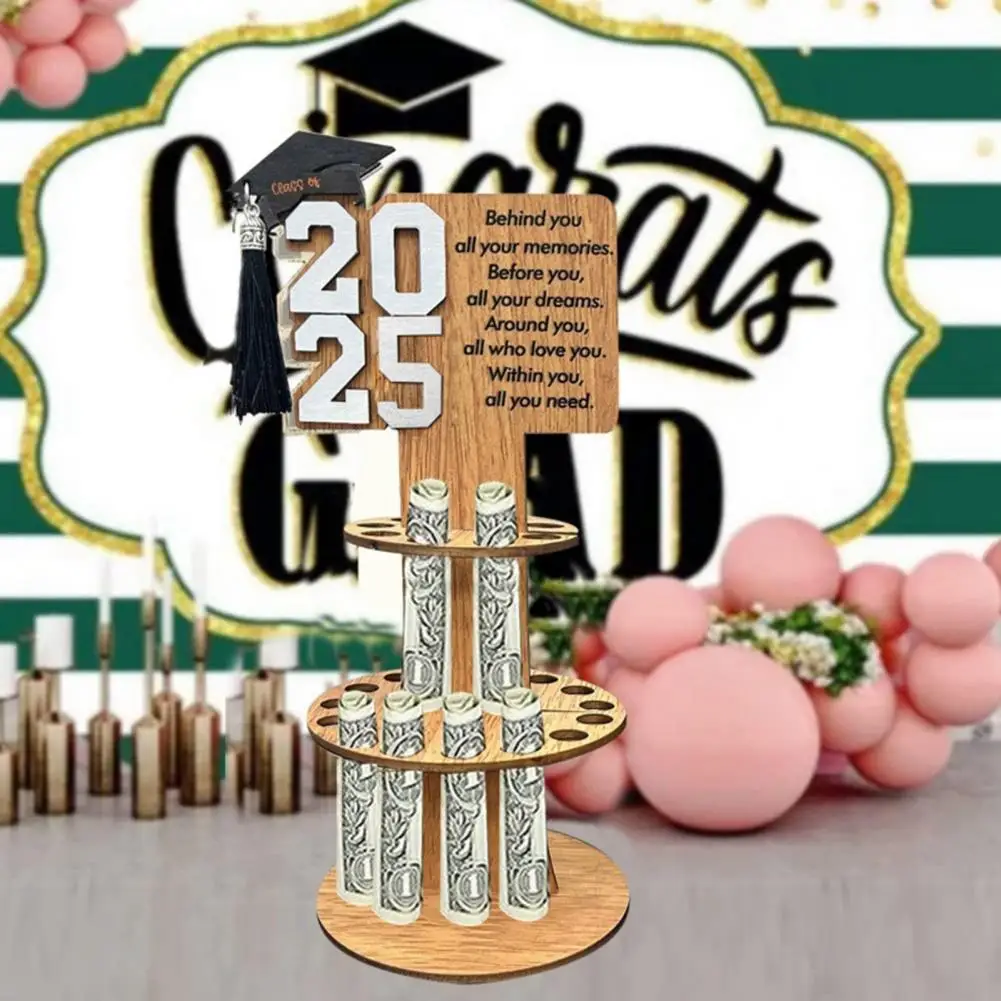 Graduation Wooden Money Holder Tower Double Layers Cash Storage Rack Class of Graduates Money Gift Grad Party Desktop Decor