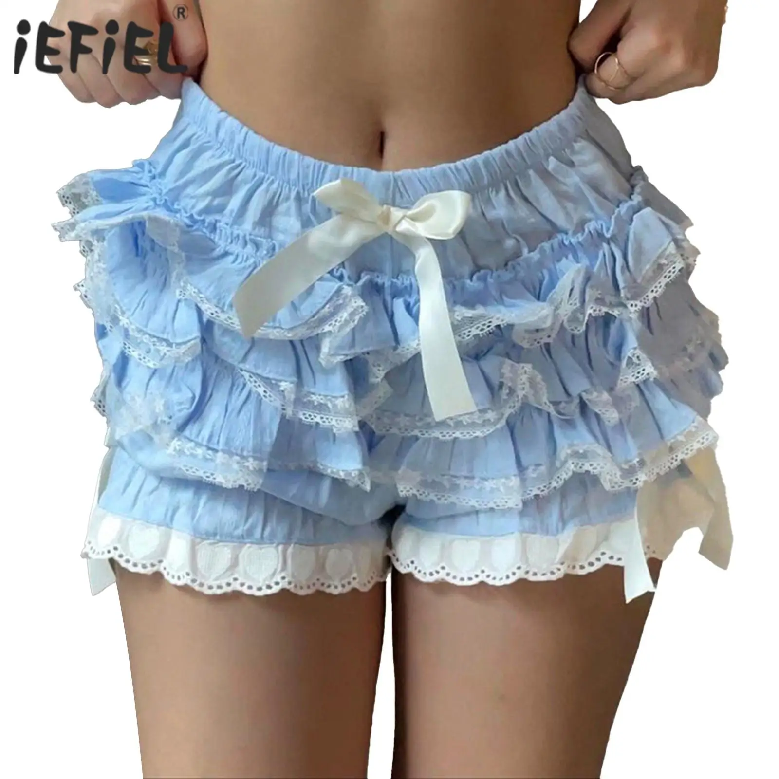 

Womens Vintage Victorian Bloomers Shorts Lace Trim Tiered Ruffle Cute Bowknot Elastic Waistband ShortsTheme Party Pajama Shorts