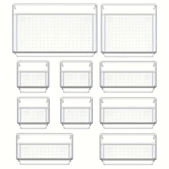 10-Piece Versatile Drawer Organizer Set - Clear Plastic Trays and Dividers in 4 Sizes for Perfect Makeup and Kitchen Storage