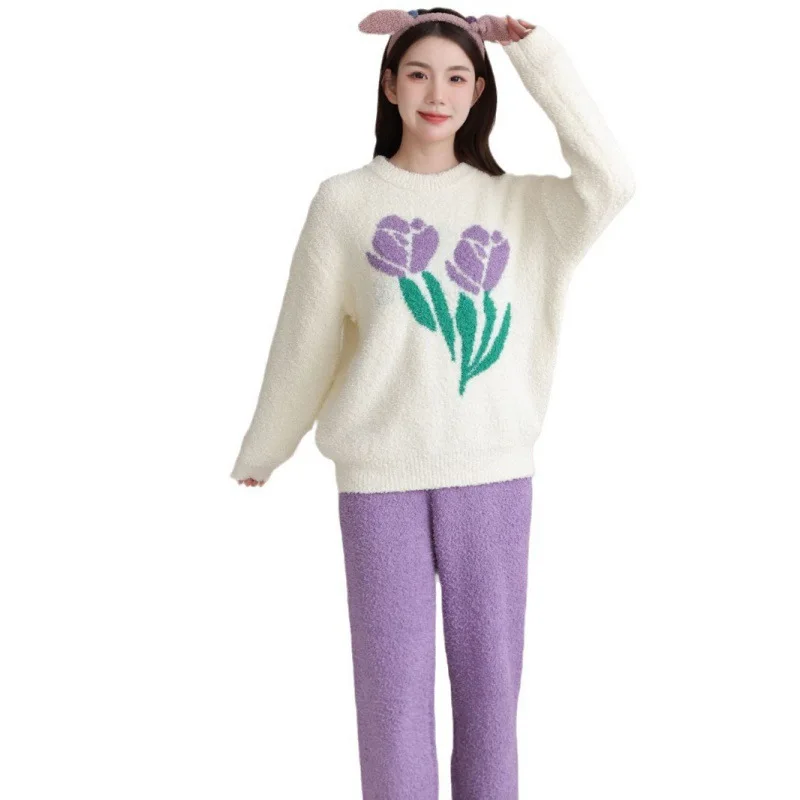 Half edge plush pajamas for women in winter, thickened and plush for warmth, autumn and winter, soft and cozy home clothing