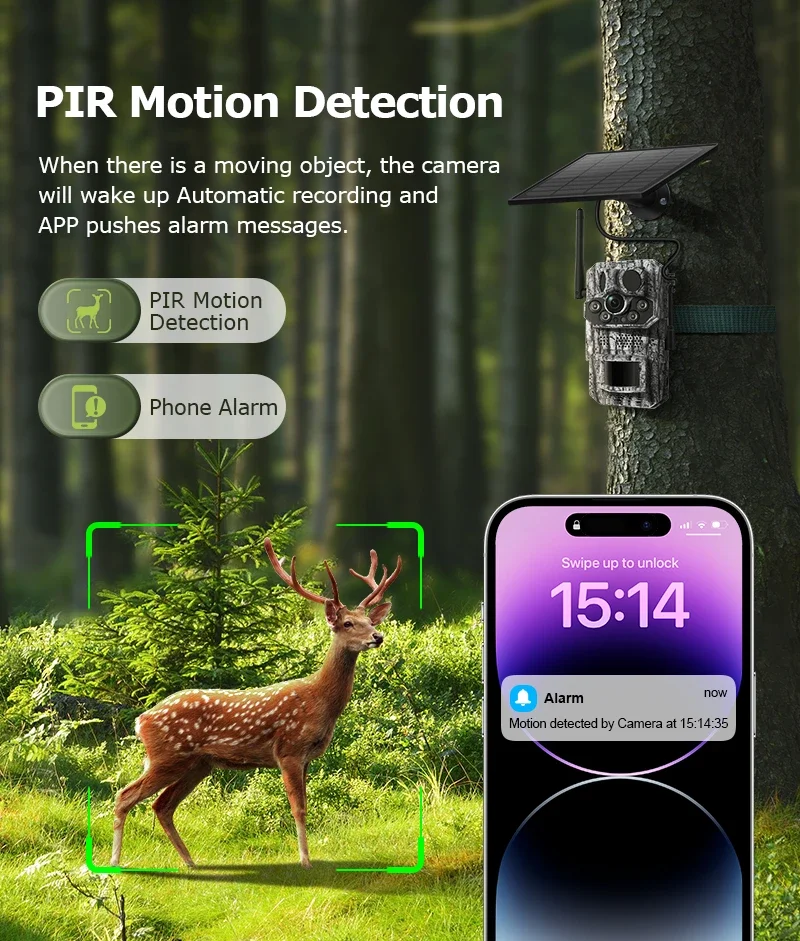 2K Outdoor 4G Solar Cellular Trail Camera Hunting Trail Camera 3-PIRs Motion Act