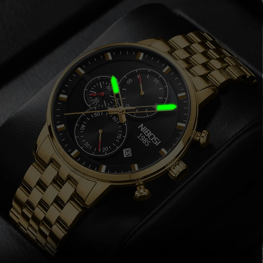NIBOSI Mens Watches Brand Luxury Gold Stainless Steel Chronograph Quartz Watch for Men Sports Wristwatches Relogio Masculino