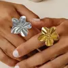 Grands anneaux à fleurs en métal en acier inoxydable pour femmes, plaqué or, Vintage, ouvert, mode élégante, étanche, bijoux de doigt, cadeaux