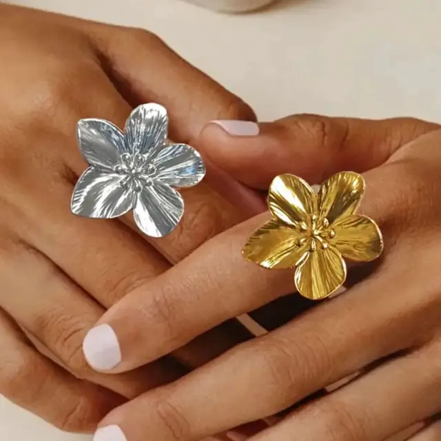 Grands anneaux à fleurs en métal en acier inoxydable pour femmes, plaqué or, Vintage, ouvert, mode élégante, étanche, bijoux de doigt, cadeaux
