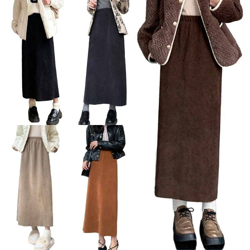 

Womens Elastic High Waist Thickened Midi Long Skirt with Back Slit Office Lady Winter Warm Fleece Lined Straight Skirts