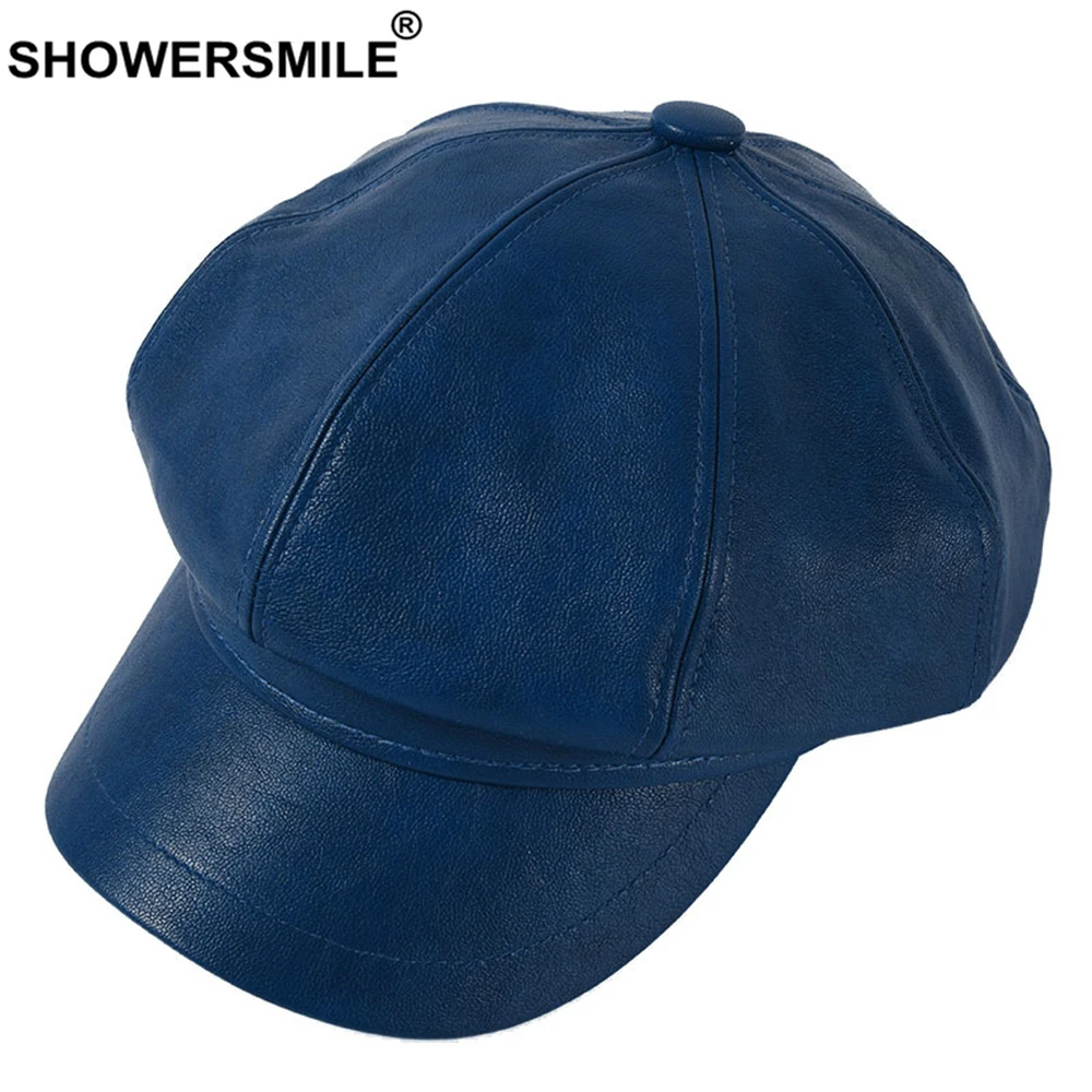 SHOWERSMILE Blue Leather Newsboy Cap Leather Vintage Hat for Women Solid Beret Ladies Brand Ivy Spitfire Cap