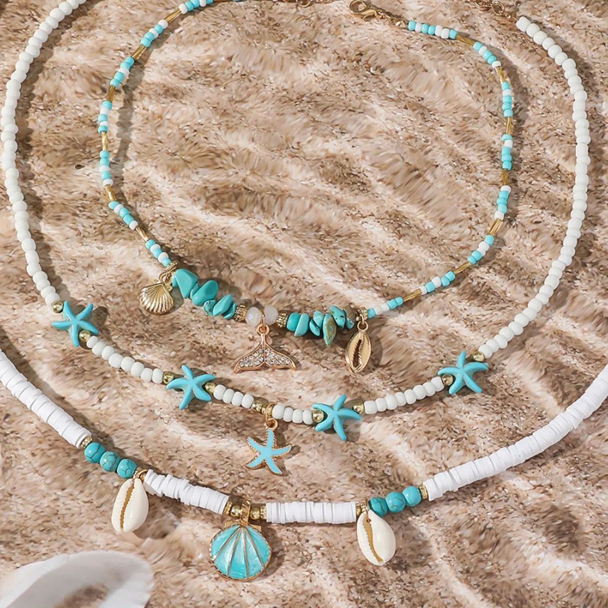 Bohemain Vintage Shell Starfish Multi Layered Necklace for Women Ethnic Handmade Fish Tail Beads Necklace Summer Jewelry Gifts